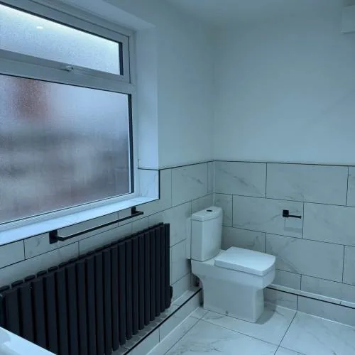 Bathroom with black vertical radiator and square toilet