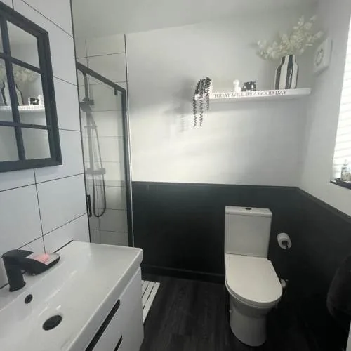 Bathroom with dark wall panelling and white vanity unit