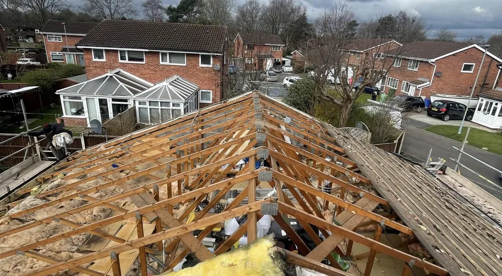 Roof timbers exposed during a full roof replacement in Warrington